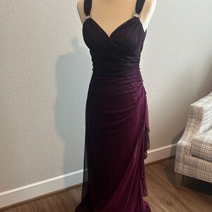 Betsy & Adam Deep Plum Evening Gown with Embellished Straps